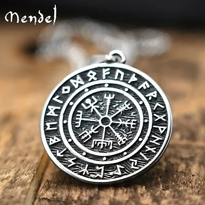 MENDEL Norse Viking Compass Vegvisir Rune Pendant Necklace Sigil Stainless Steel • $13.99