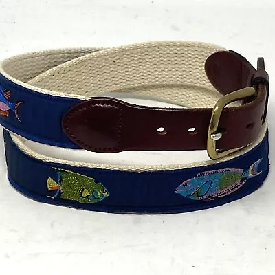 Leather Man Cotton Web Leather Belt Men’s 34 Fish Theme Brass Buckle Made USA • $15.30