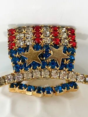 Rhinestone Pin Top Hat Red White Blue Uncle Sam Patriotic Vintage Rare Stars ￼ • $11.79