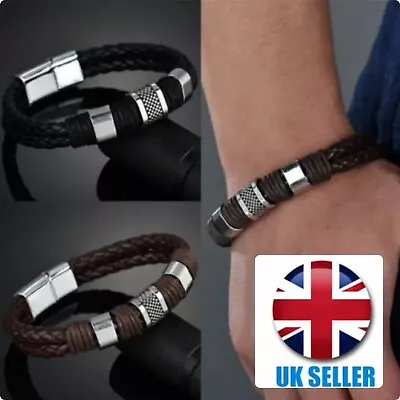 Mens Handmade Leather Braided Surfer Wristband Bracelet Bangle Wrap Jewelry Gift • £9.99