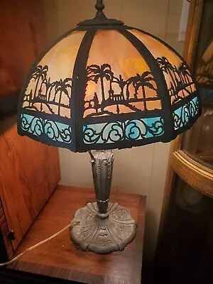 Vintage Slag Glass Empire Scenic Palm Tree Lamp (See Description) • $299.99