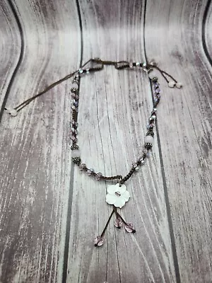 Cookie Lee Pink Crystal Leather Braid Necklace Plumeria Shell Pendant Adjustable • $8