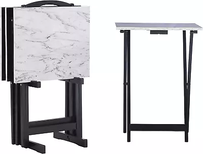 Set Of 4 TV Tray Snack Table W/ Stand Wood Folding Portable Desk Faux Marble Top • $95.98