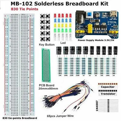 Solderless Breadboard 830 Point 65pcs Jumper Wire MB-102 Power Supply Module Kit • $14.89