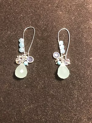 Shephard's Hook Dangle Earrings Aquamarine Drop Below Crystals Beads And Charms • $10.25