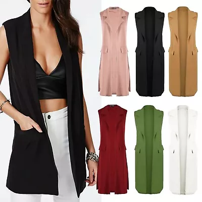 Women's Ladies Sleeveless Long Duster Coat Waistcoat Smart Formal Blazer Jacket • £11.95