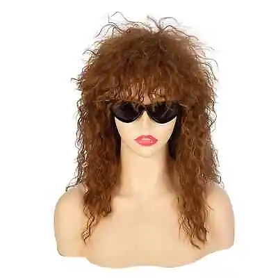Brown Long Curly Wig 70s 80s Mullet Wig Punk Heavy Metal Rock Cosplay Wigs • $21.99