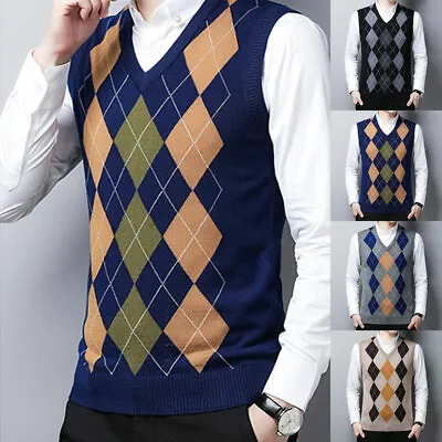 Mens Argyle Sweater Vest Golf Knitted Tank Top V-Neck Sleeveless Pullover Casual • $28.45