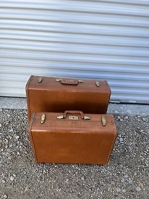 VTG  1950’s 60s 70 SET  OF 2 AUTHENTIC SAMSONITE TAN LEATHER SUITCASES LUGGAGE • $119.99