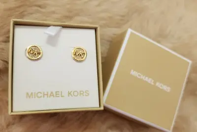 NWT MICHAEL KORS Pave Crystal Stud Earrings Gold Tone Logo Brass MSPR $100 • $45