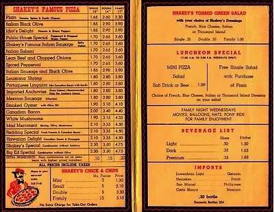 1960's Early Shakey's Pizza  Menu 8.5x11 Glossy Reprint  Vintage • $5.95