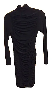 Abbey Clancy Black Long Sleeved Ruched Bodycon Dress Size UK 8 Full Back Zip VGC • £10