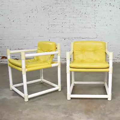 Pair MCM Outdoor PVC Side Chairs Yellow Vinyl Upholstery By Decorion Fun Furnish • $1495