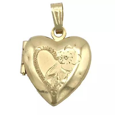 RVL Vintage 14K Yellow Gold Heart Locket - Engraved W/ Flower Delicate Pendant • $135