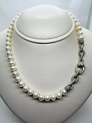 Judith Ripka Two Sterling & 18k Gold  Diamond & Pearl 16 Inch Link Necklace • $375