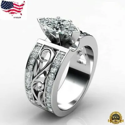 Women 925 Silver Plated Marquise Cut White Wedding Ring Sz 6-10 Simulated Glass • $3.75