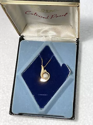 Vintage 14K Yellow Gold 5.75 Mm Cultured Pearl Pendant Necklace 1.15 Gr W/ Box • $149.95