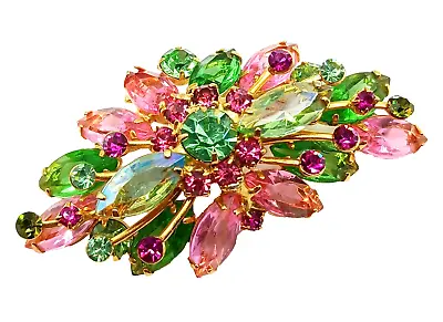 Vintage Rhinestone Brooch Pink Green Open Back Navettes Stacked Flower Spray • $34.95