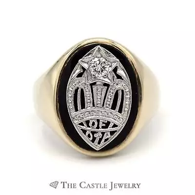 Onyx Diamond Temple Masonic Ring In 10k Yellow & White Gold • $799