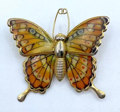 B4-596 Vintage Brooch Gold Tone Pin 1.5  Orange Enamel Butterfly Animal • $4.99