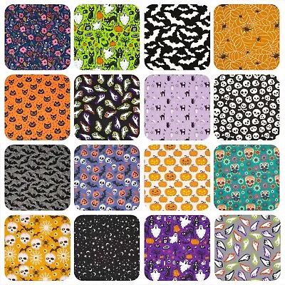 Halloween Polycotton Fabric SKULL PUMPKIN WITCH SPIDER BAT GHOST WITCH CAT • £2.15