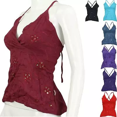 £9.90 • Buy Ladies Vest Top Sequins Hippie Camisole Cross Back Halterneck Cami