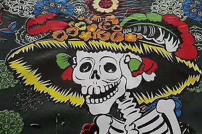   Day Of The Dead  Skeletons Mexican Multicolored Oilcloth PVC Tablecloth Black. • $14.95