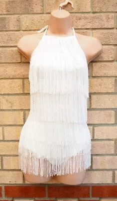 Prettylittlething White Tassel Fringed Halterneck Bodysuit Top Blouse 4 Xxs • £16.99