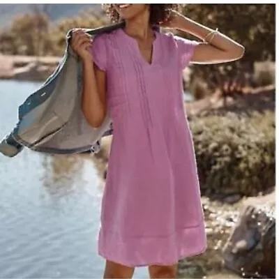J.Jill Love Linen Pink Camellia Pin Tuck Short Sleeve Shift Dress- Size Petite M • $30.40