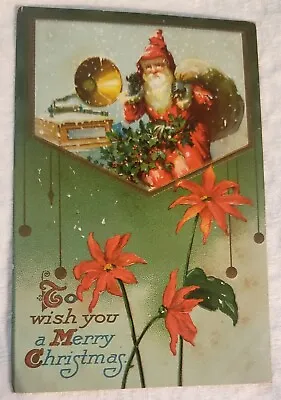 SANTA CLAUS With PHONOGRAPH Victrola Christmas Vintage Postcard Germany • $27.95