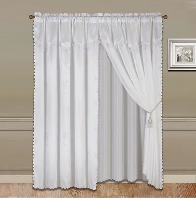 8-Piece WHITE  Nada Luxury Faux Jacquard Floral Panel Window Curtain DRAPE SET • $15.30