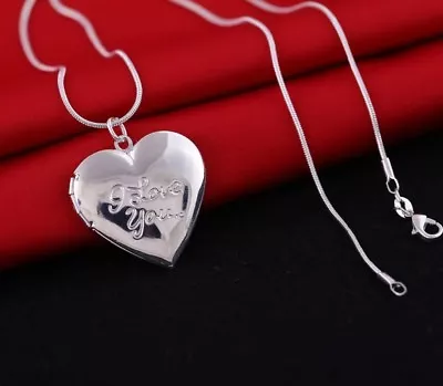 925 Sterling Silver Plated I Love You Script  Pendant Necklace Photo Locket N11 • $11.99