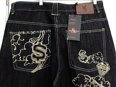 NOS Vintage Victorious Urban Couture Jeans 40x32 Black Gold Embroidery Baggy NEW • $199.99