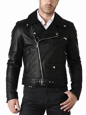 Men's Brando Cafe Racer Biker Leather Jacket Motorcycle Black Genuine Leather • $101.19