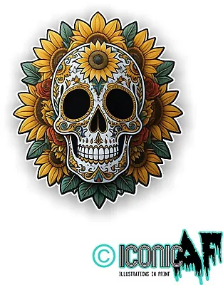 Large Sugar Skull & Sunflowers Mexican Spanish Day Of The Dead Car Sticker Decal • £4.65