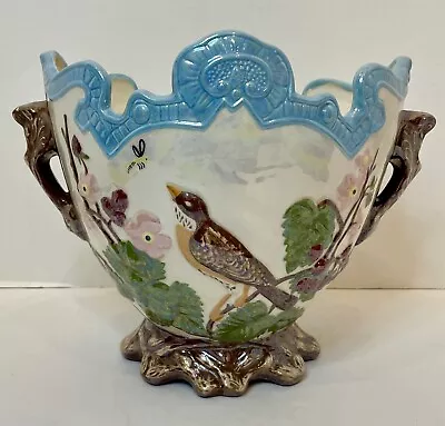 Mid Century Modern  Majolica-Style Planter Vase Bird Flower Design Vintage M6 • $60