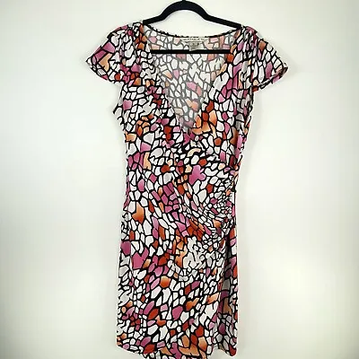 AA Studio AA Womens 10 Ruched Dress Animal Print V Neck Pink Orange Cap Sleeve • $16.39