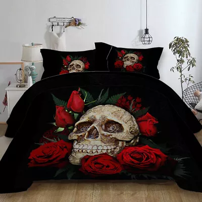 £20.99 • Buy 3D Gothic Skull Rose Duvet Cover Bedding Set With Pillowcase Single Double King