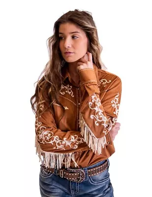 Cowgirl Tuff Western Shirt Womens L/S Fringe Embroidery XL Tan 100620 • $107.98