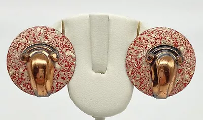 VTG MCM Matisse Earrings Mid Century Copper Red White Splatter Enamel Modernist • $25