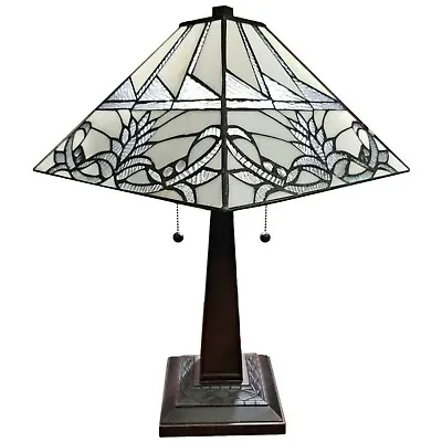$179.75 • Buy Tiffany Style Mission Table Lamp White Floral Stained Glass Zinc Base 22  Tall 