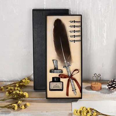 Retro Quill Dip Pen Signing Writing Ink Set Calligraphy Feather Fountain Gift • £8.98