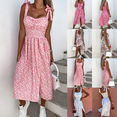 Women Floral Boho Midi Split Dress Ladies Holiday Beach Party Swing Sun Dresses • £2.19