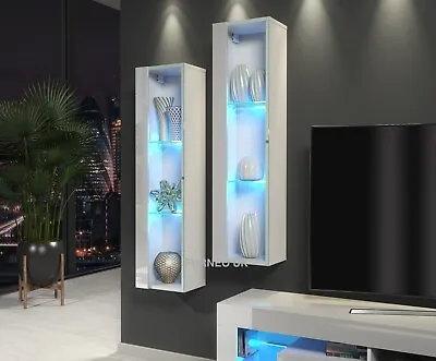 1x White Display Cabinet Glass Floating Wall Unit Gloss & Matt Modern LED Lights • £119.90