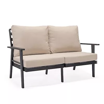 Leisuremod Walbrooke Patio Loveseat With Black Aluminum Frame And Cushions • $1058