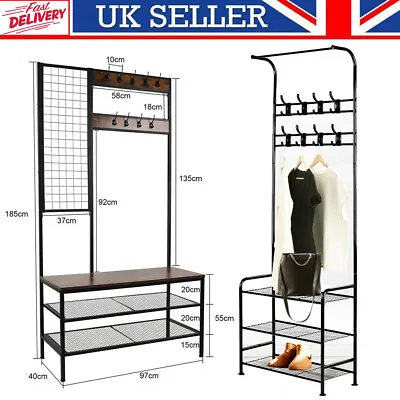 £88.50 • Buy Large Hall Tree Hat And Coat Stand Hallway Shoe Rack Bench With Shelves Hooks 