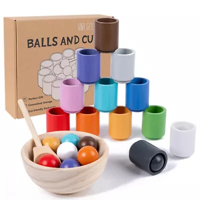 Rainbow Balls In Cups Wooden Sorter Game Wood Sensory Puzzle Toys Matching Game • £19.89