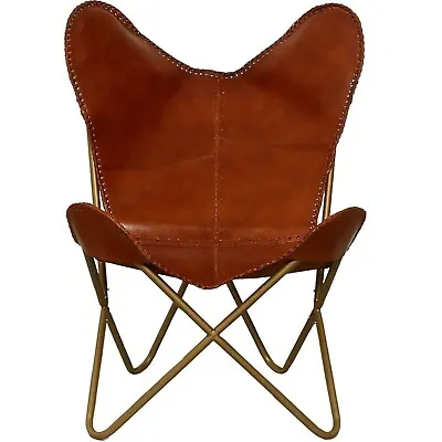 Handmade Vintage New Brown Leather Butterfly Chair With Golden Color Iron Frame • $138