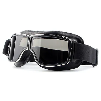 Black Leather Vintage Retro Scooter Motorcycle Aviator Style Tinted Len Goggles • $34.95