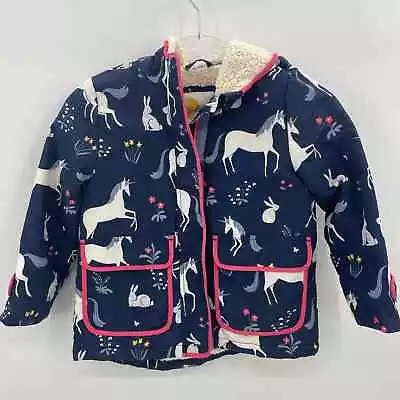 MINI BODEN Jacket Size 5 - 6 Yr Sherpa Lined Hood Unicorn Print Full Zip Blue • $29.95